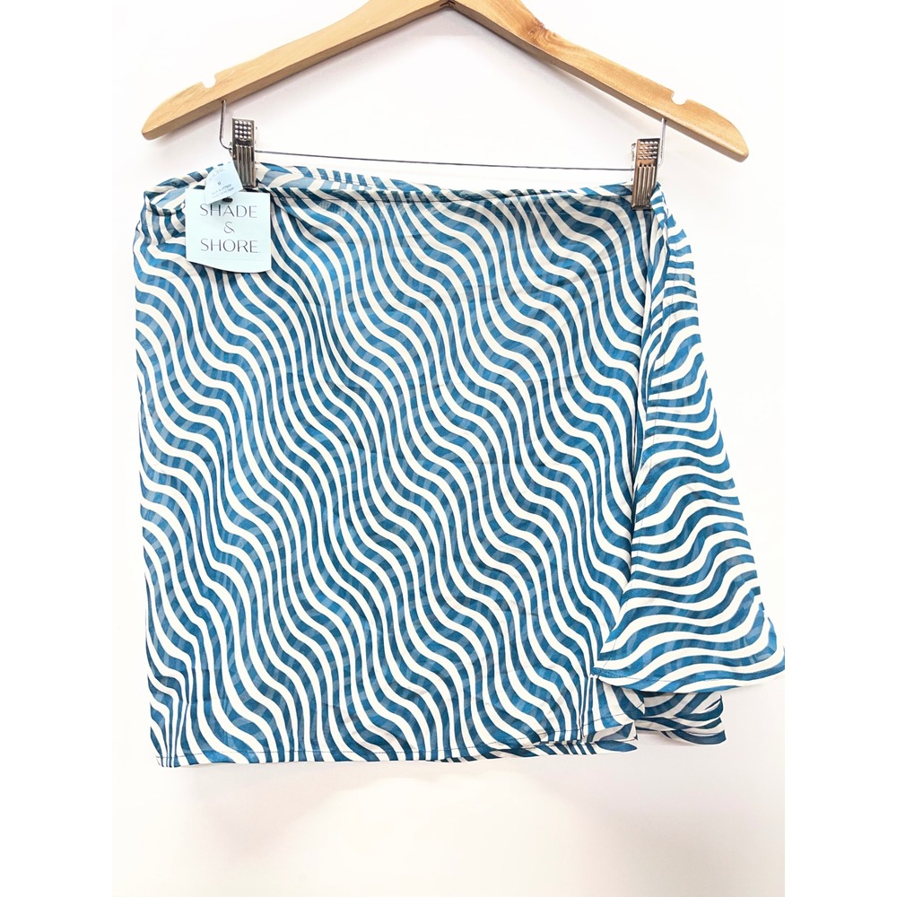 Shade & Shore Blue White Wavy Stripe Swim Sarong Wrap Skirt Cover Up Medium NWT